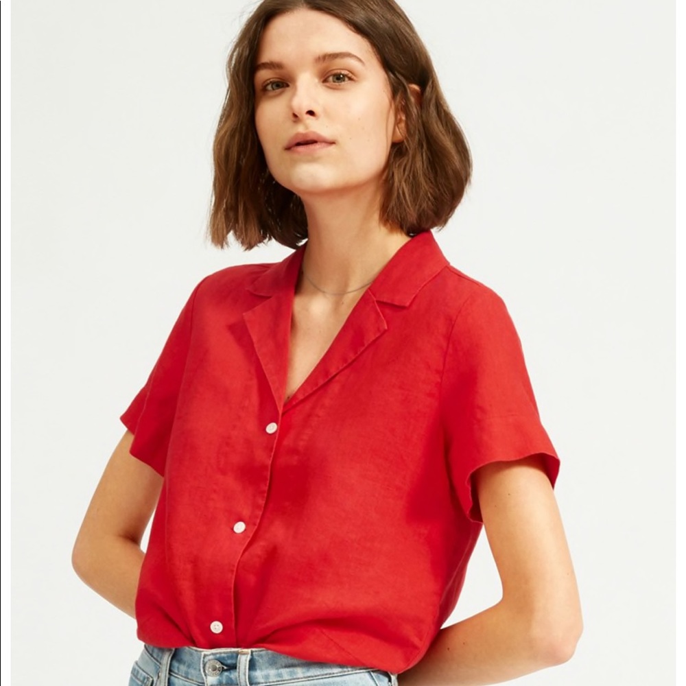 Everlane Linen Notch Short Sleeve Shirt - Tomato